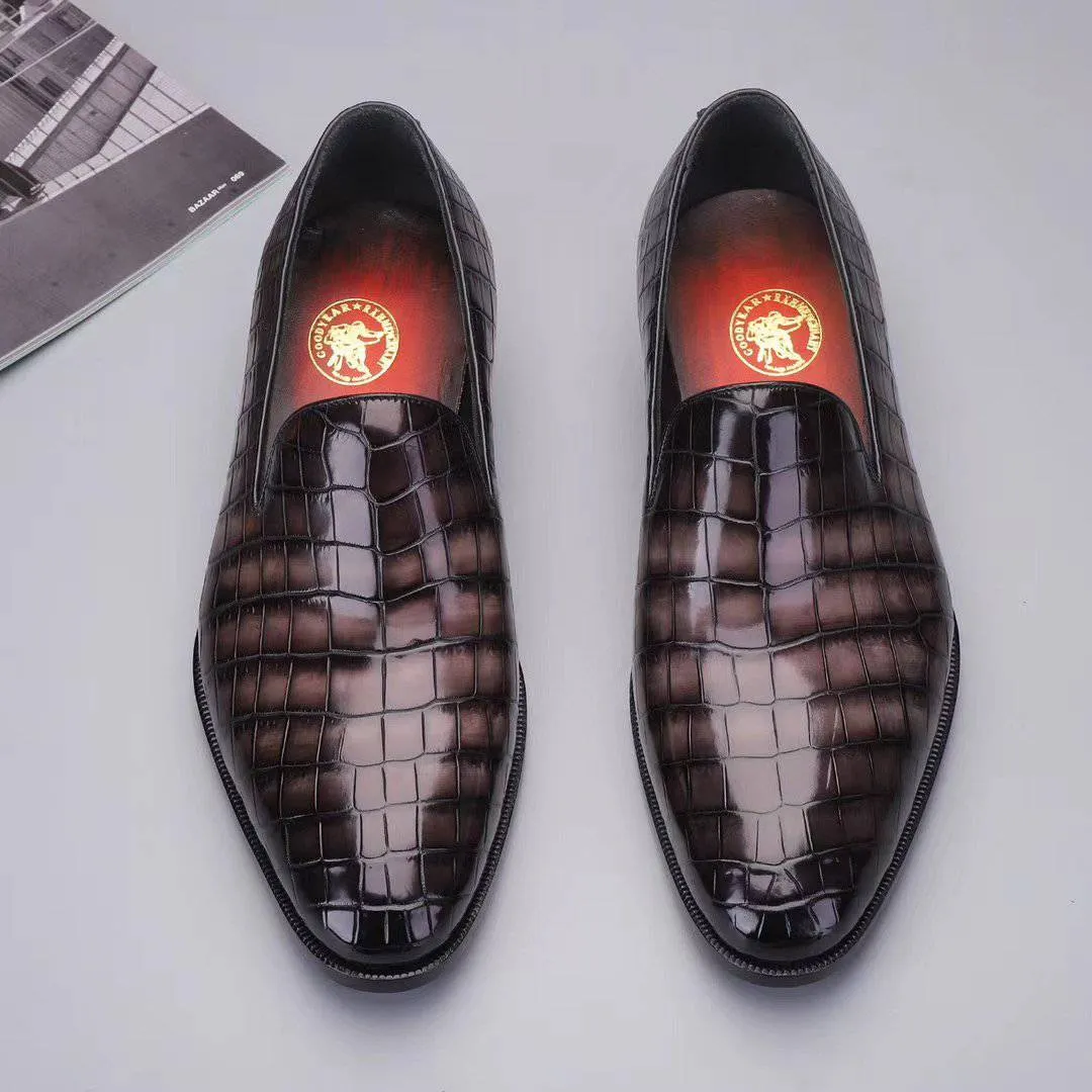 Crocodile Shoes Men's Slip On Loafer Shoes, Genuine Crocodile Leather Casual Dress Shoes Vintage Grey Water Path Business Casual Shoes