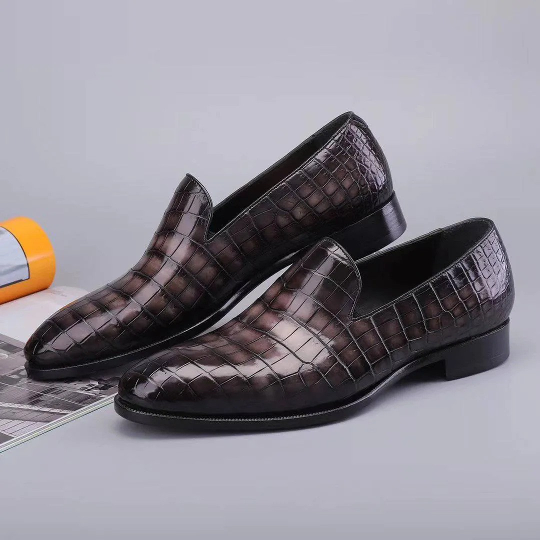Crocodile Shoes Men's Slip On Loafer Shoes, Genuine Crocodile Leather Casual Dress Shoes Vintage Grey Smooth Cushion Korean style