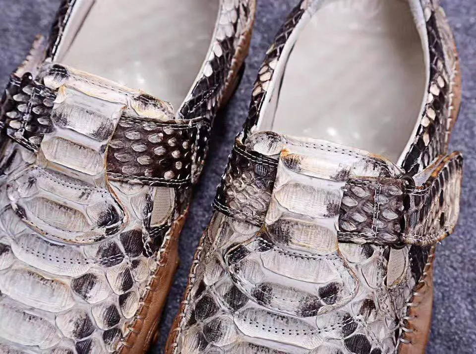 Crocodile Shoes Genuine Python Leather  Men's White Slip-On Loafer Shoes Moon Camp