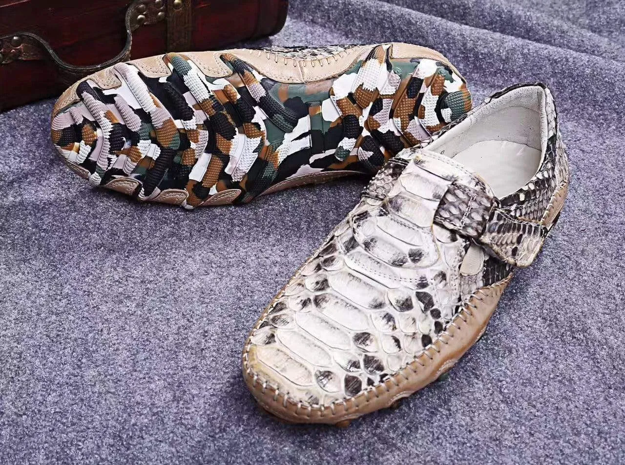 Crocodile Shoes Genuine Python Leather  Men's White Slip-On Loafer Shoes Relax time Soft