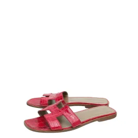 Hermes Rouge Crocodile Oran Patent Sandal 37 Dust Free Slip On