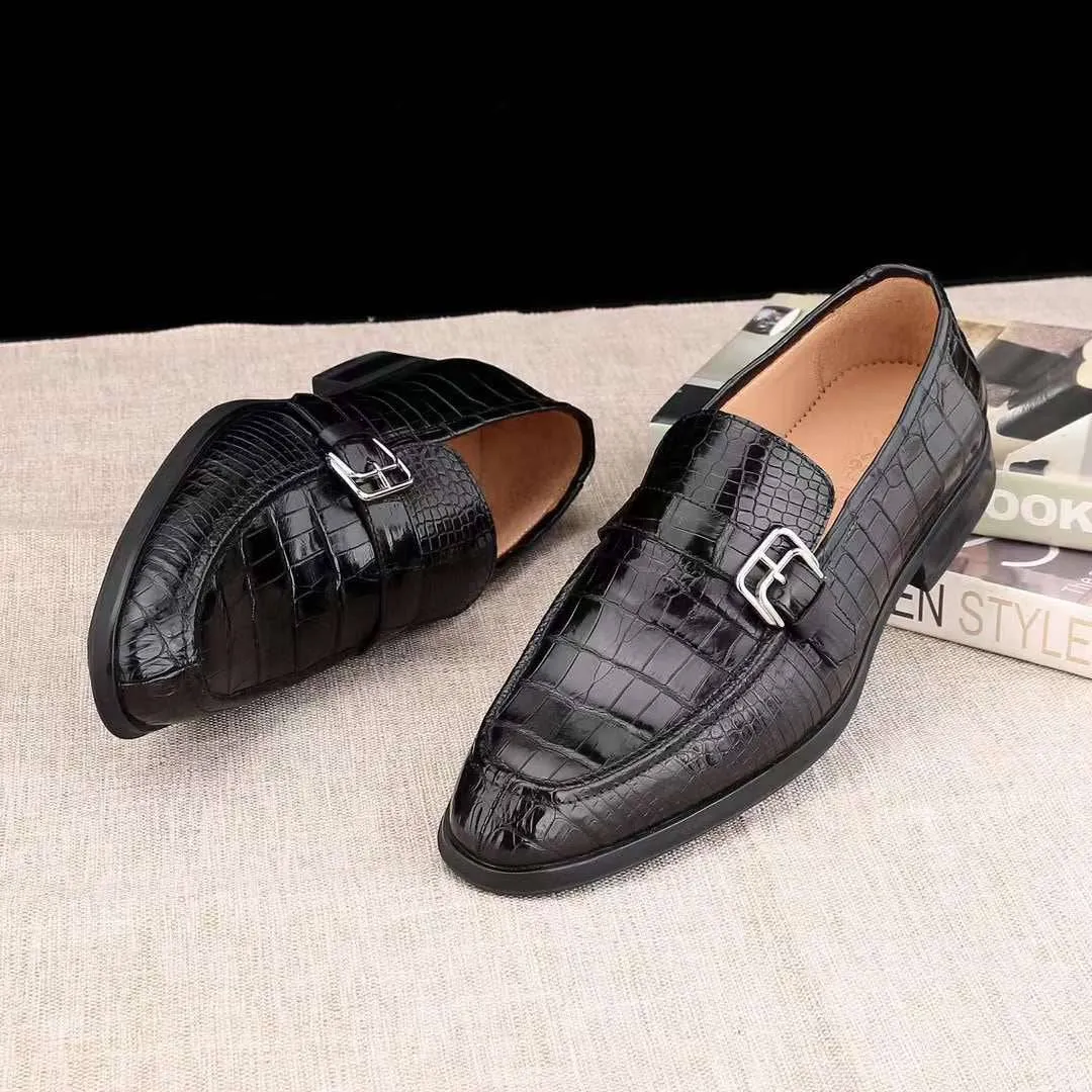Crocodile Shoes Mens Casual Comfortable Genuine Crocodile Skin Leather Classic Fashion Buckle Slip On Driving Loafers Soft Support Bride Step