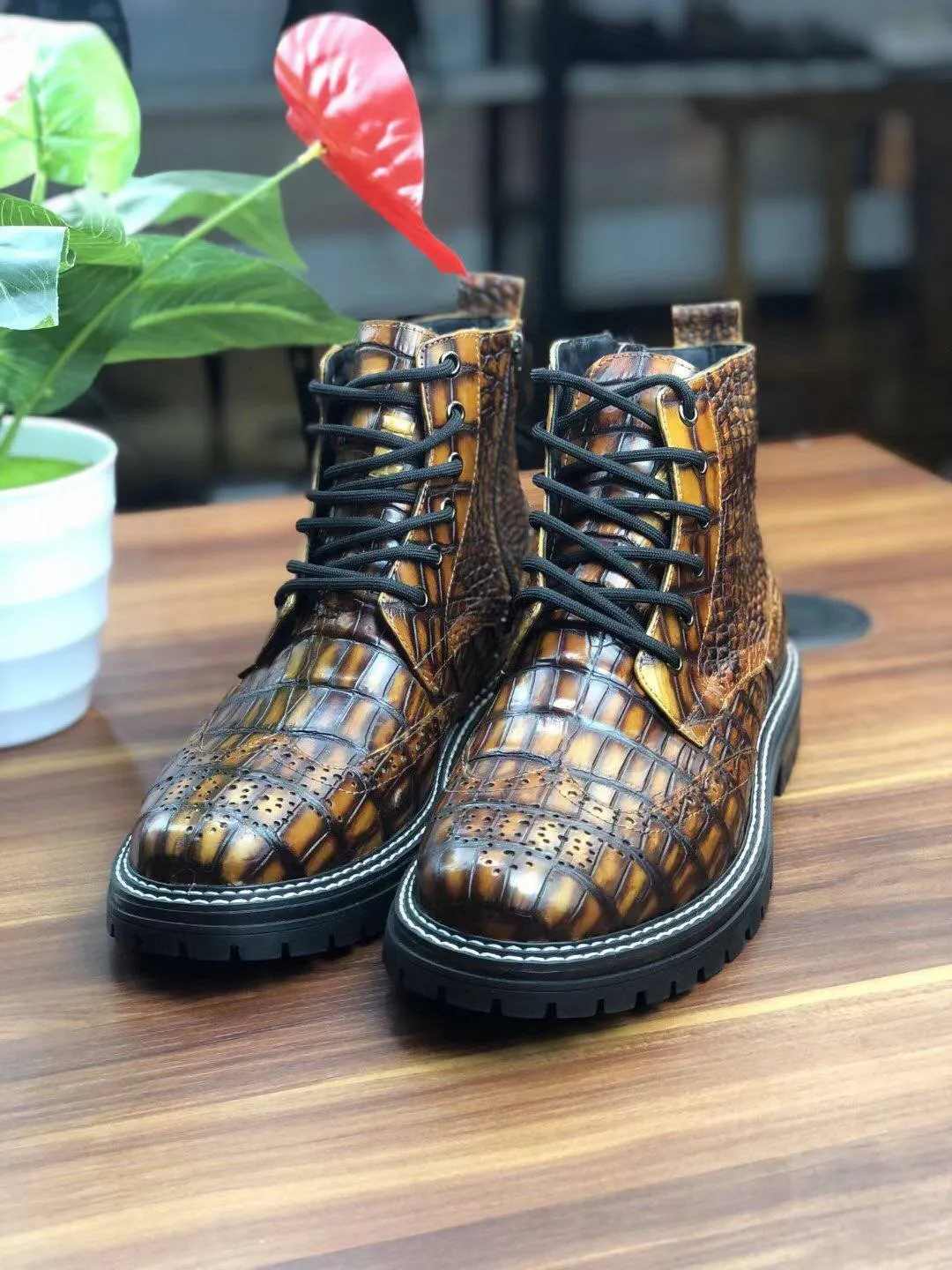 Crocodile Shoes, Vintage Crocodile Skin Leather Martin Boots Comfort Fit