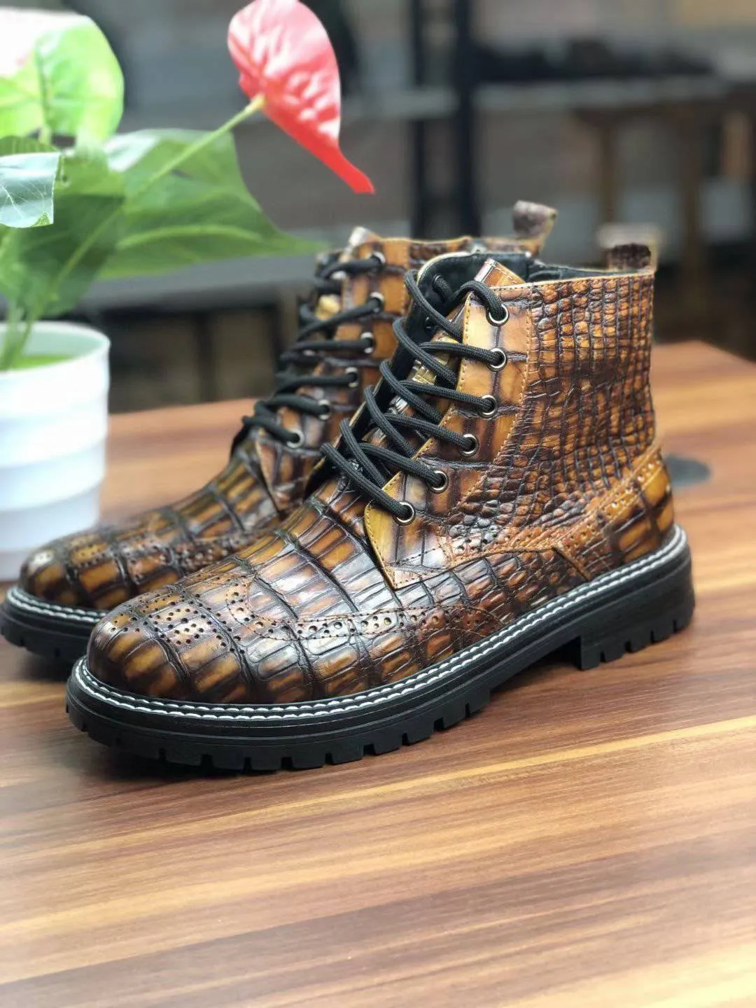 Reef Path Street Fest Crocodile Shoes, Vintage Crocodile Skin Leather Martin Boots