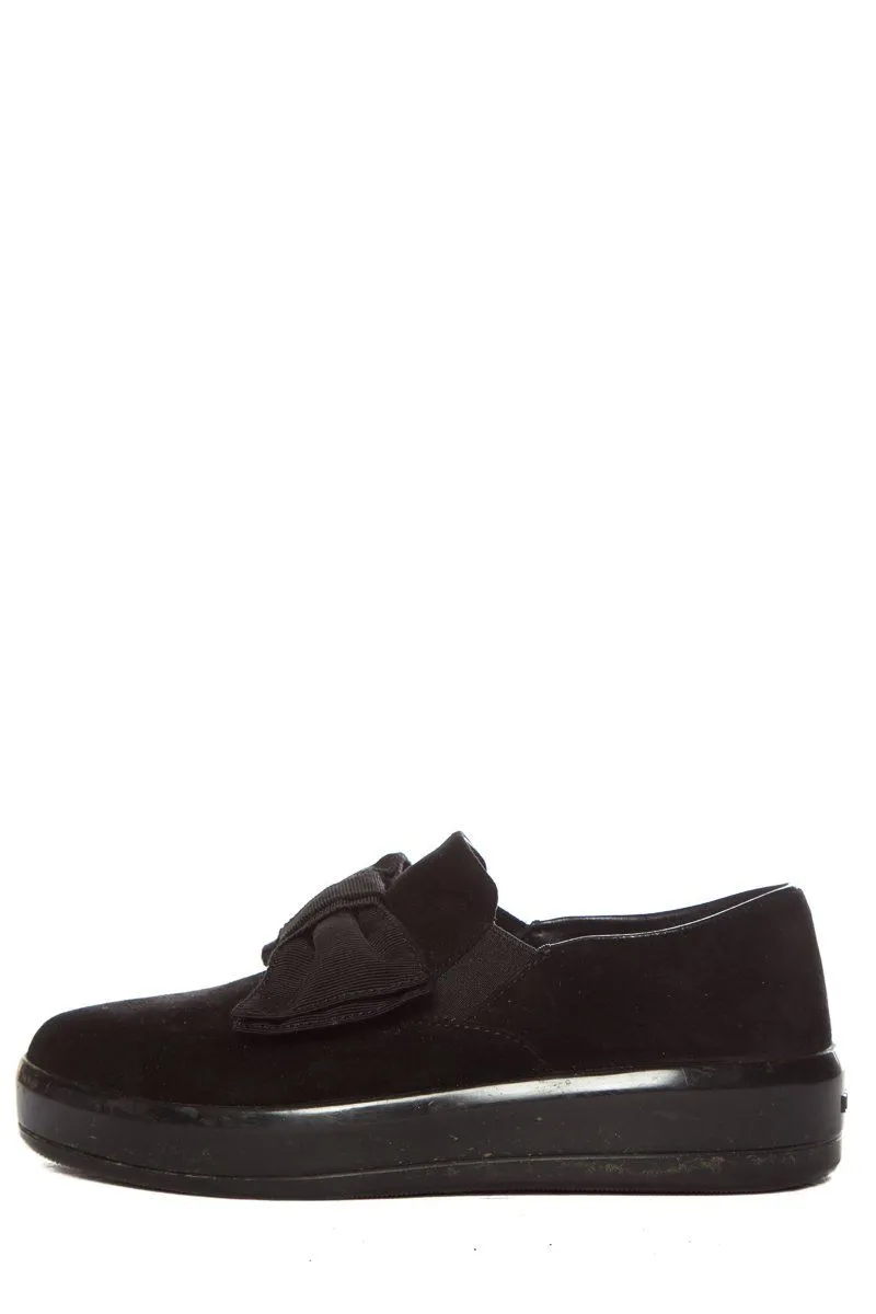 Dark Edge Memory Foam Airport Travel Prada Black Microsole Bow Detail Suede Slip-On SZ 35.5