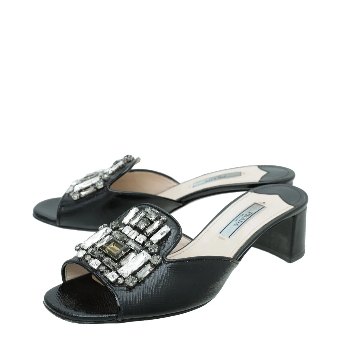 Work Life Prada Black Vernice Crystal Embellished Slide Block Mules 36