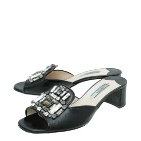 Work Life Prada Black Vernice Crystal Embellished Slide Block Mules 36