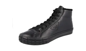 Prada Men's Black Leather Casetta Wheel Shearling High-Top Sneaker 2TG171 RubberOutsole Hydration Wicking