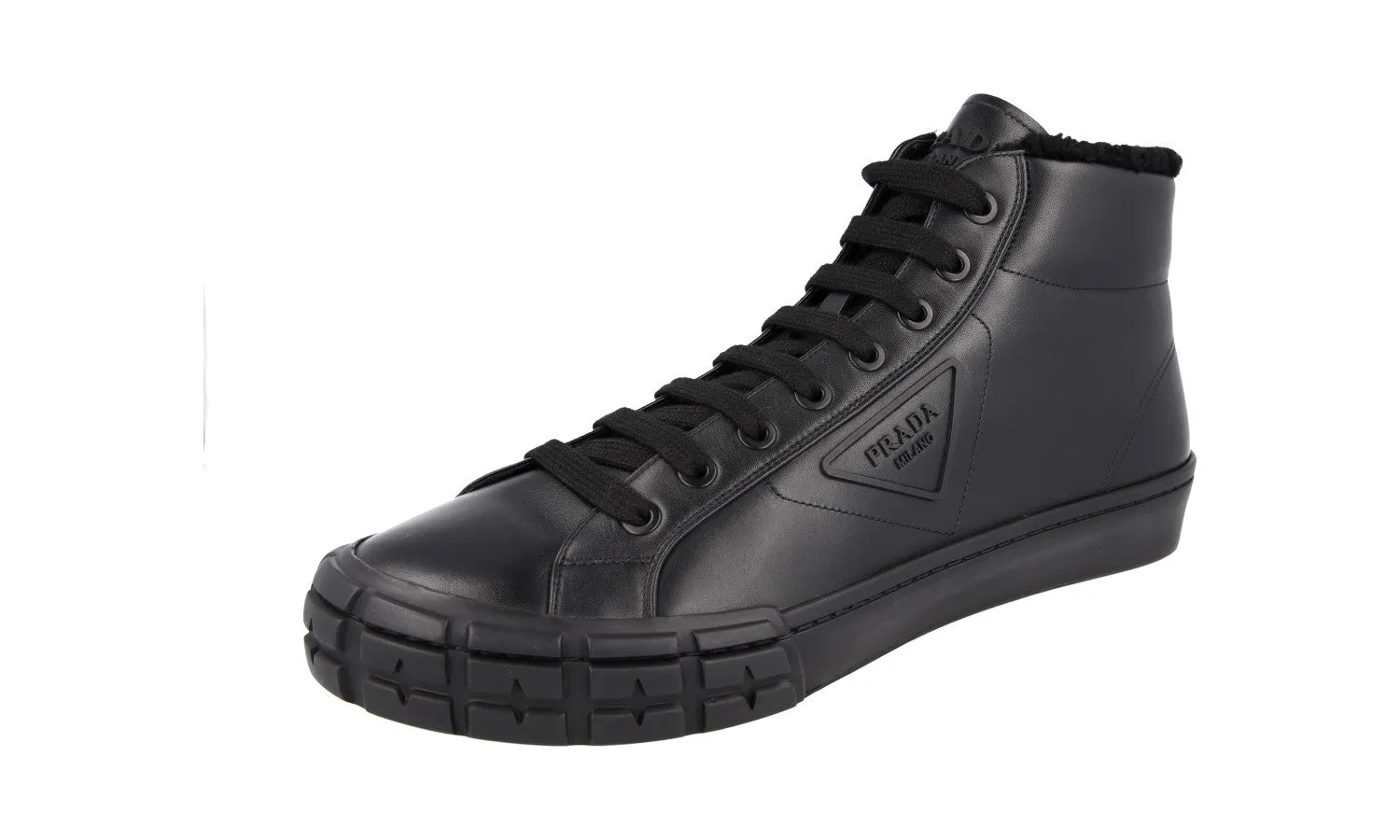 Prada Men's Black Leather Casetta Wheel Shearling High-Top Sneaker 2TG171 RubberOutsole Hydration Wicking