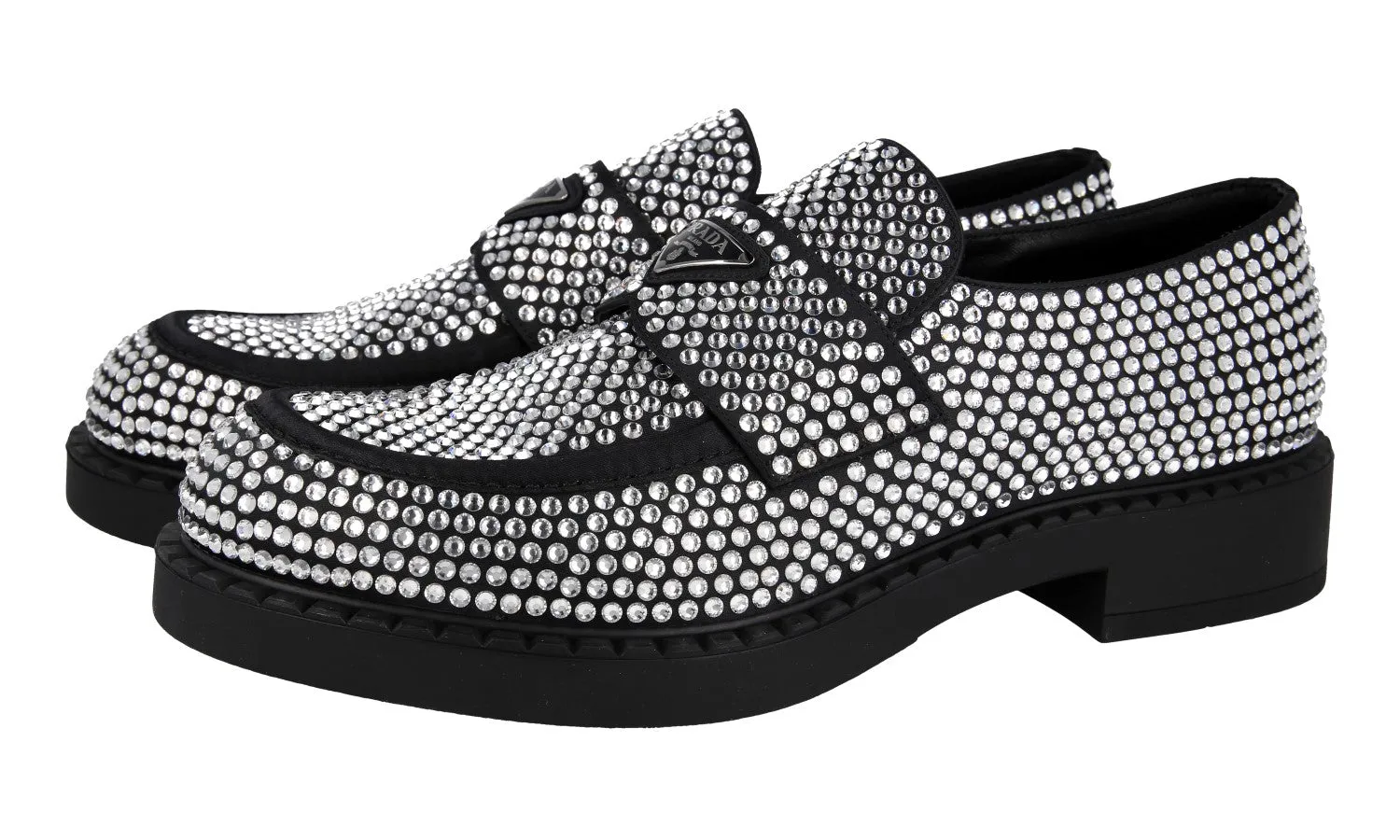 Sturdy Build City Firm Prada Men's Black Leather Double Chocolate Crystal Loafers 2DE135