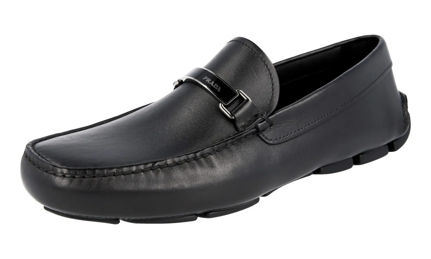 Prada Men's Black Leather Driving Loafers 2DD114 Pebble Grain