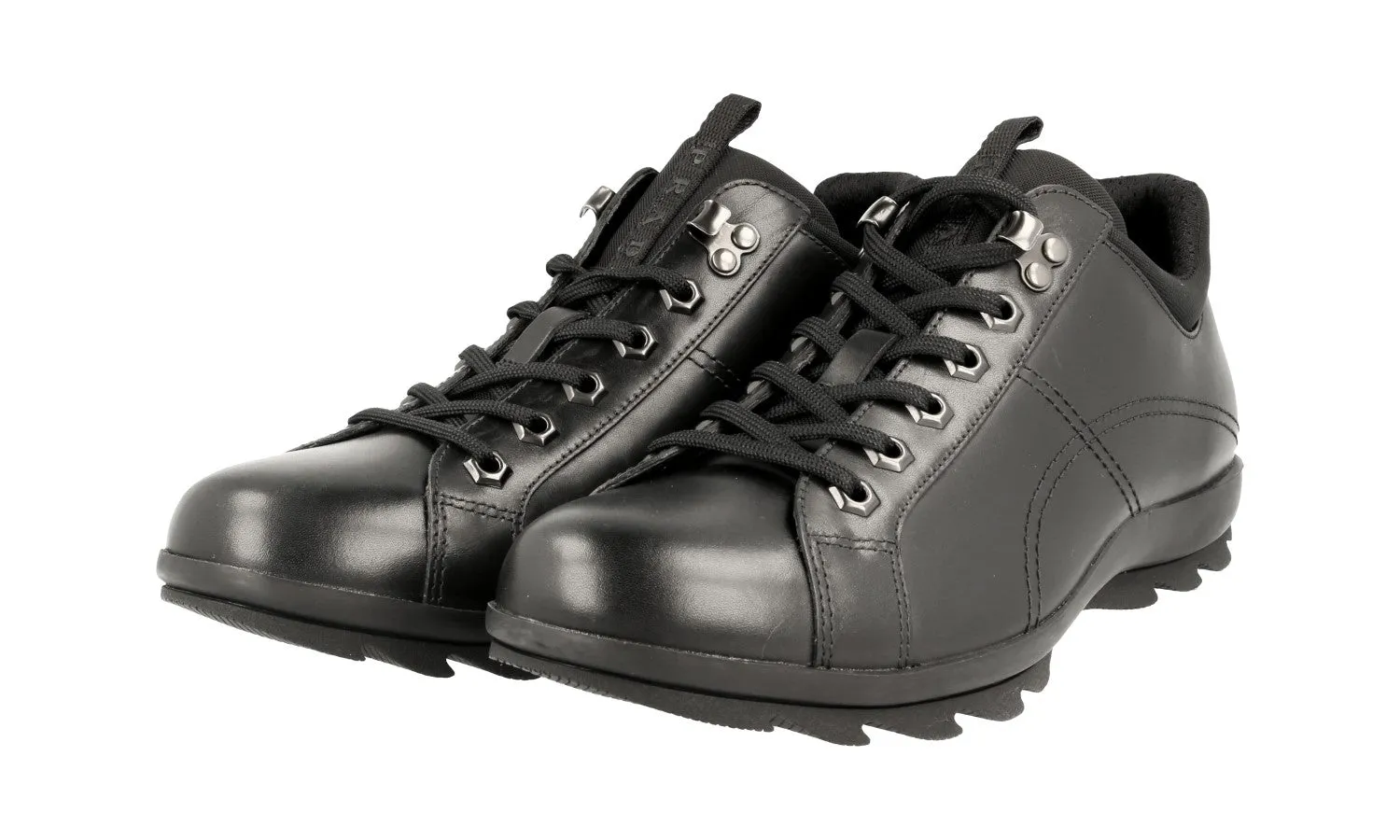 Prada Men's Black Leather Lace-up Shoes 4E2938 Mesh Fabric Versatile Design