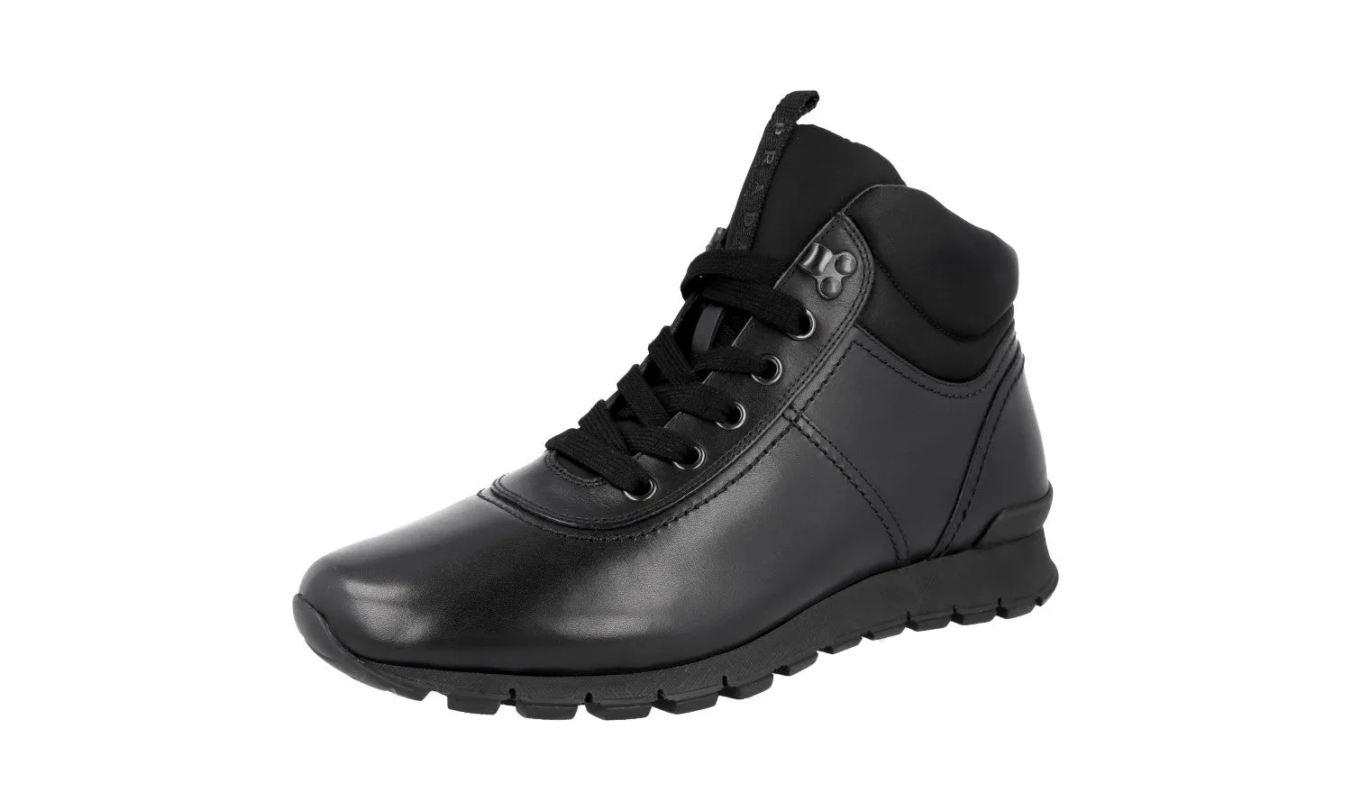 Prada Men's Black Leather Matchrace High-Top Sneaker 4T3040 Elastic Lacing System soft feel