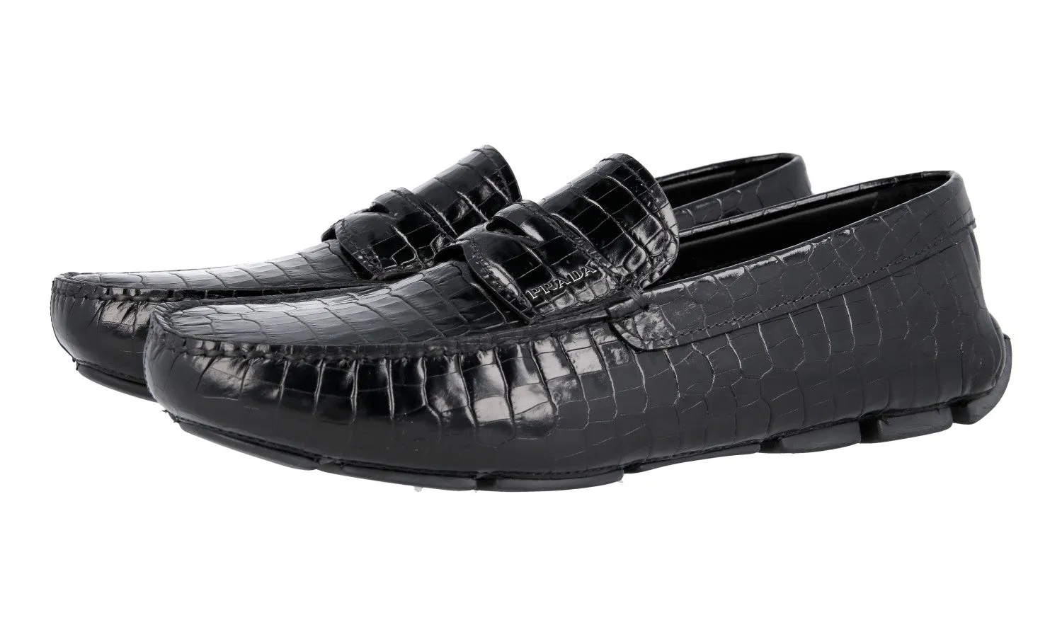 Prada Men's Black Leather Penny Loafers 2DD151 Medallion Perforation