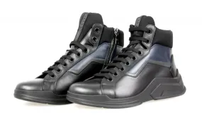 Reinforced Heel Cup Stretchable Collar Prada Men's Black Leather Polarius High-Top Sneaker 4T2802