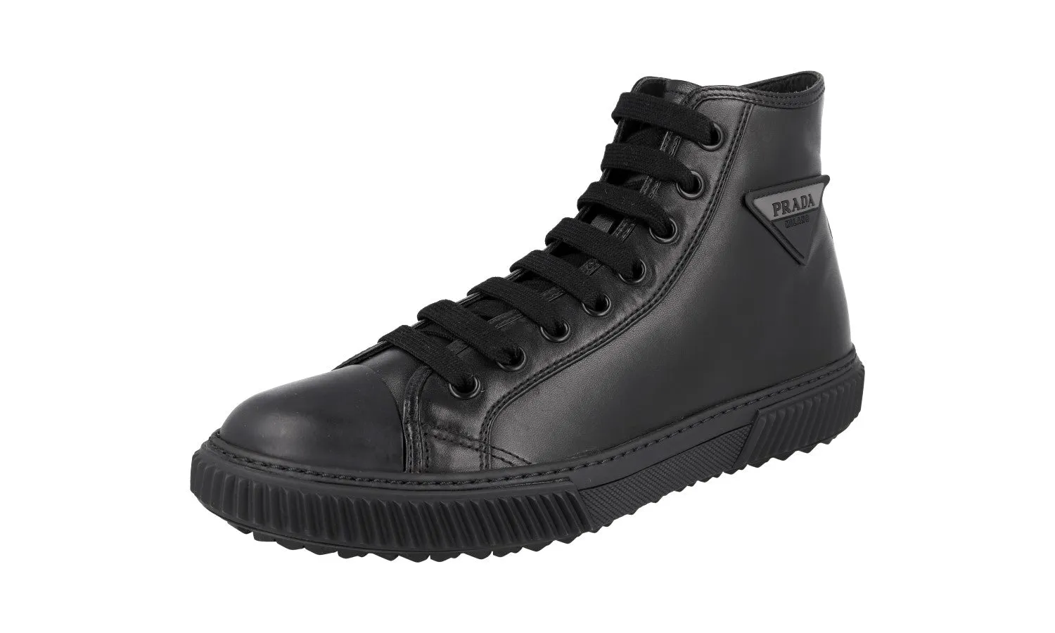 Prada Men's Black Leather Stratus High-Top Sneaker 4T3306 Sporty Comfort