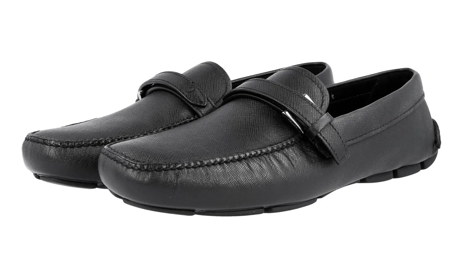 Prada Men's Black Saffiano Leather Driver Driving Shoes Loafers 2DD110 Simple Slip-on Design