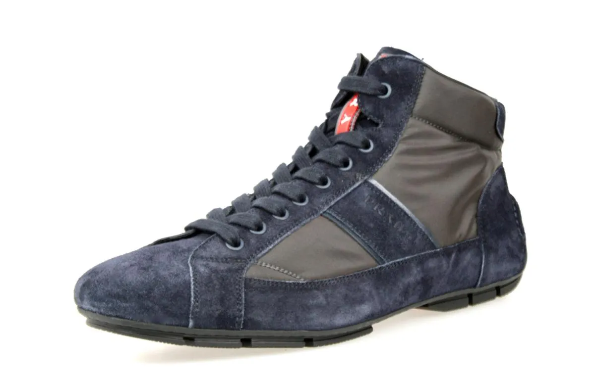 Antibacterial indoor activity Prada Men's Blue Leather Car Racing Montecarlo High-Top Sneaker 4T2924