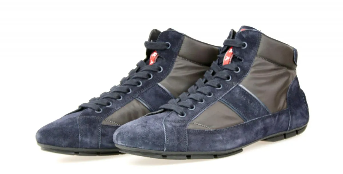Prada Men's Blue Leather Car Racing Montecarlo High-Top Sneaker 4T2924 Shock Padding Flexible Wear