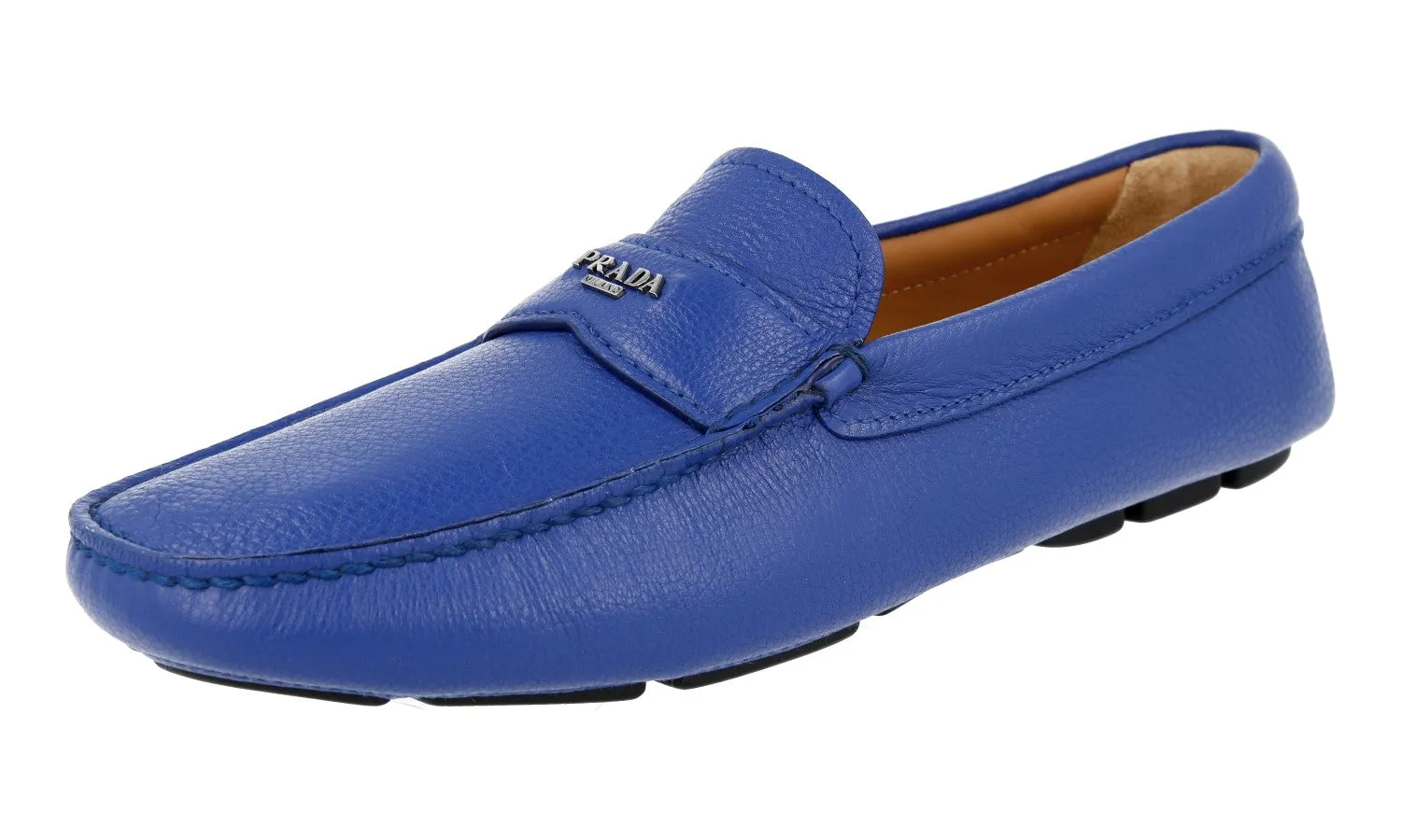 Prada Men's Blue Leather Logo Loafers 2DD165 Soft Flow Rubber Outsole
