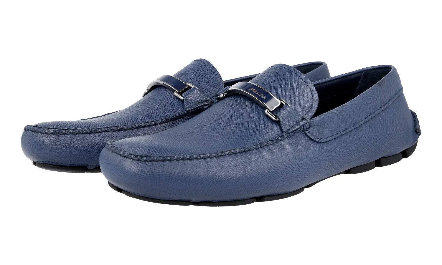 Vacation Style Chunky Sole Prada Men's Blue Saffiano Leather Driving Loafers 2DD099