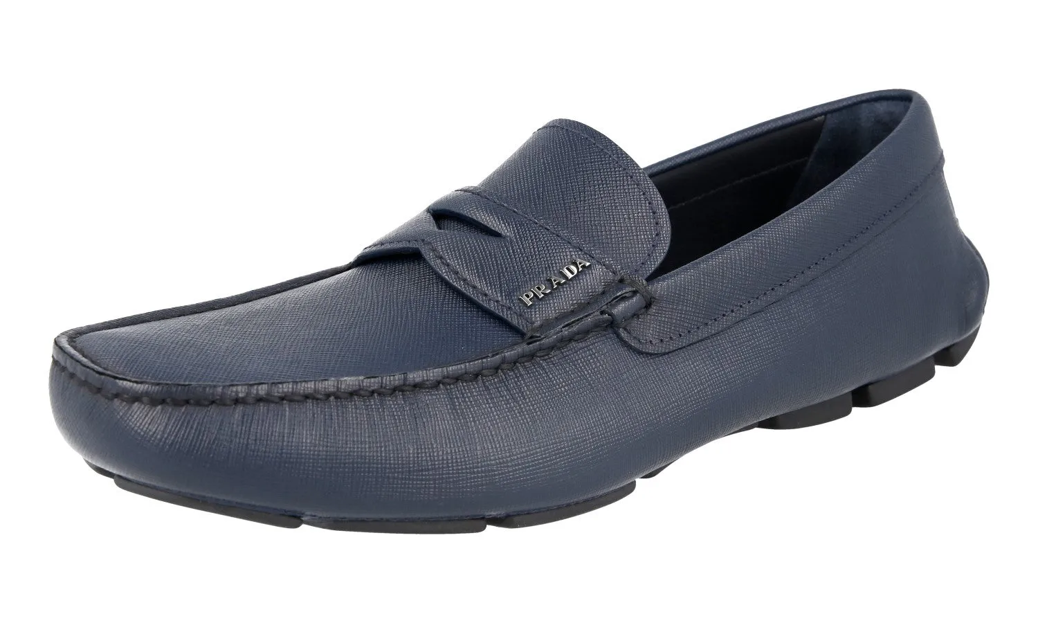 Prada Men's Blue Saffiano Leather Penny Loafers 2DD151 Fringed Tongue