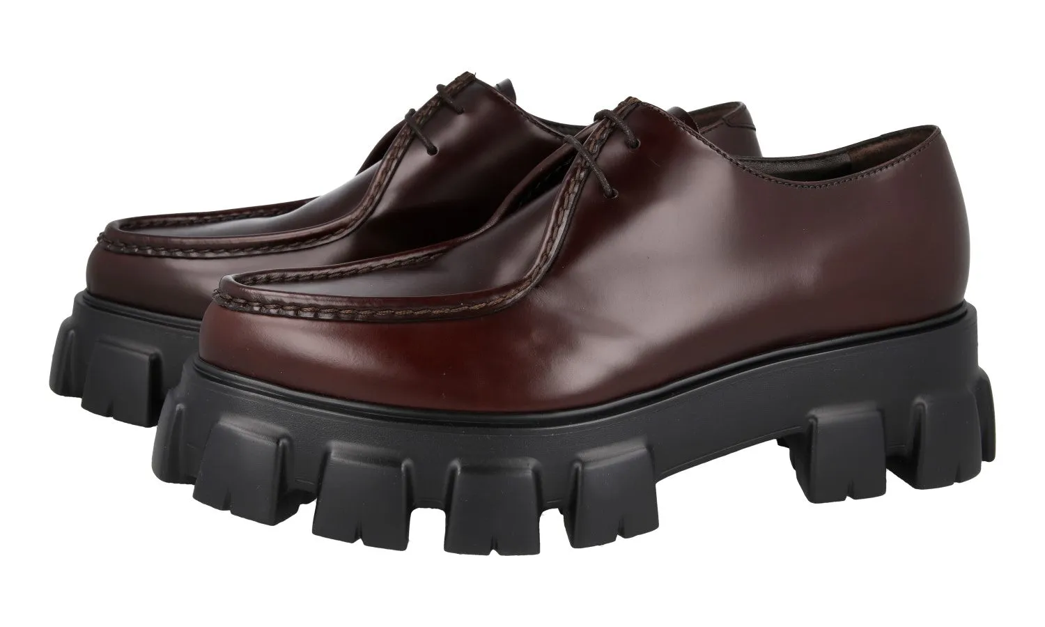 Prada Men's Brown Brushed Spazzolato Leather Monolith Chocolate Loafer Lace-up Shoes 2EE361 Urban Routine Stand Shade