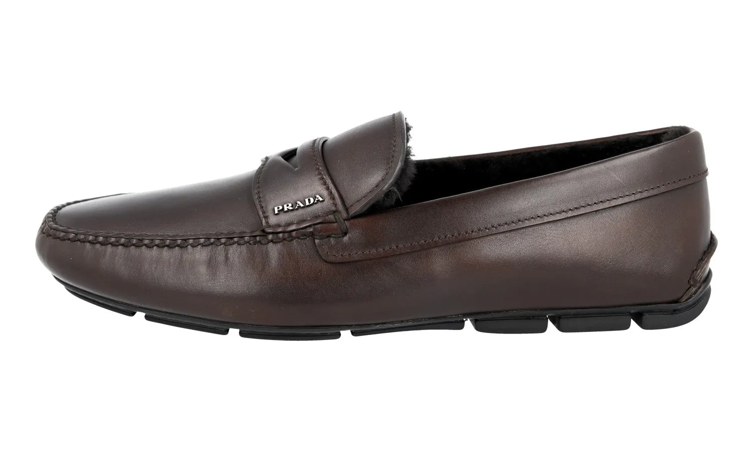 Beach Path Casual Slip-ons Prada Men's Brown Leather Shearling Slip On Driving Loafers 2DD011