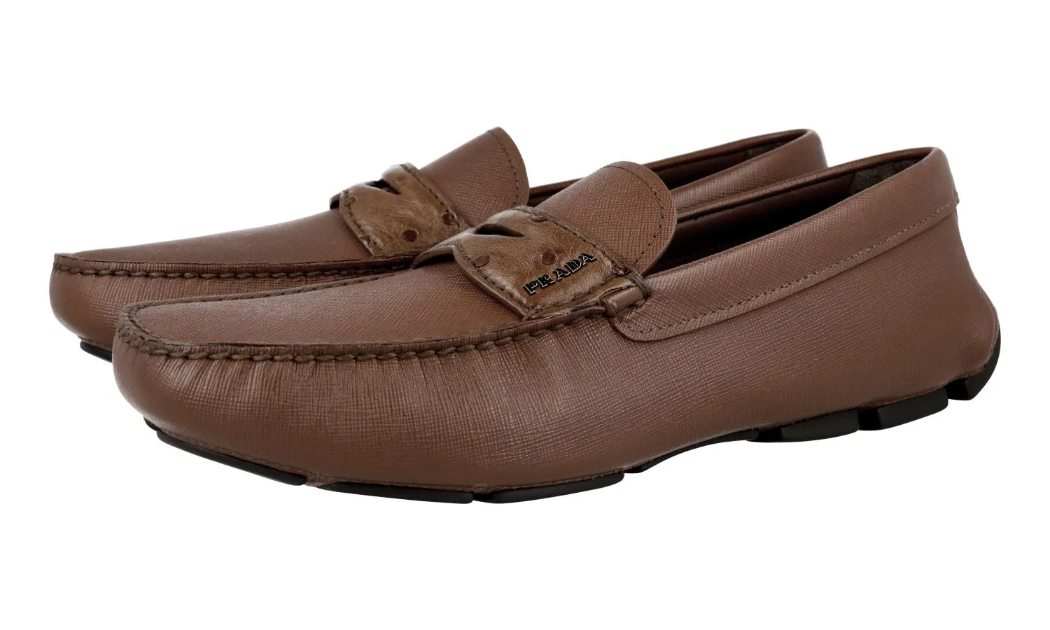 Prada Men's Brown Saffiano Leather Penny Loafer Loafers 2DD151 Trendy Style Slip   On