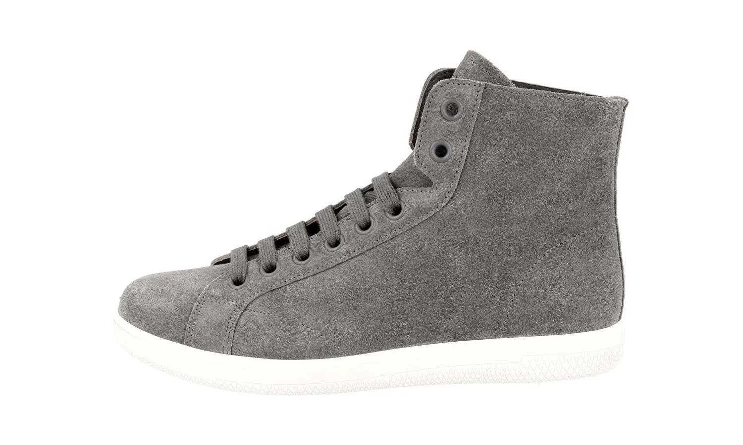 Prada Men's Grey Leather High-Top Sneaker 4T3149 Minimalist Layered Design