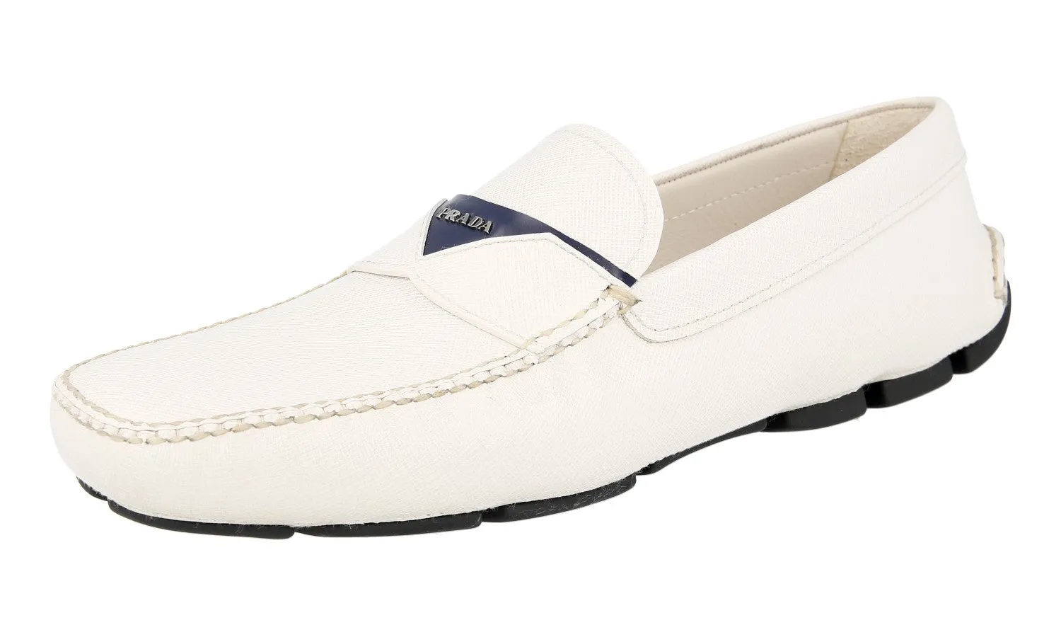 Prada Men's White Saffiano Leather Driver Loafer Loafers 2DD131 Long Path Elastic Goring