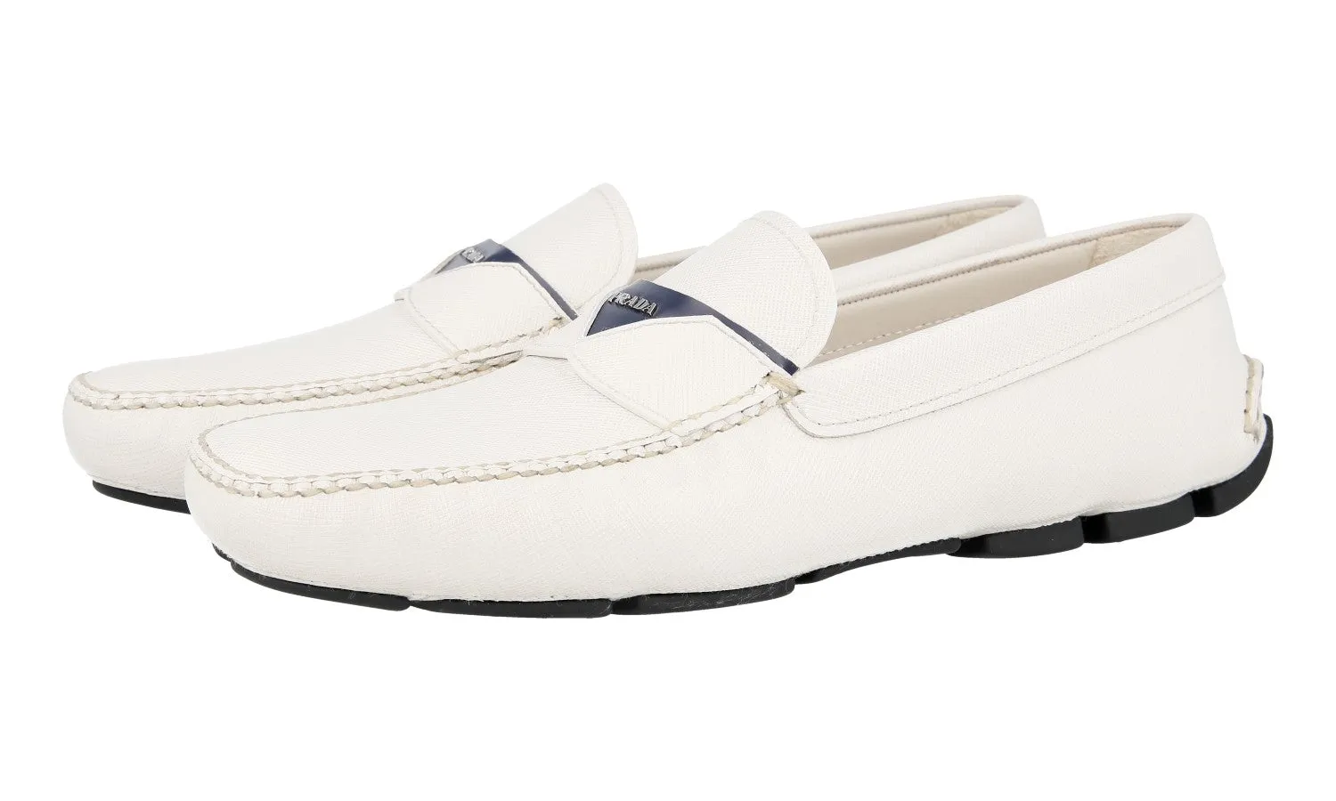 Prada Men's White Saffiano Leather Driver Loafer Loafers 2DD131 Way Safe Elastic Goring