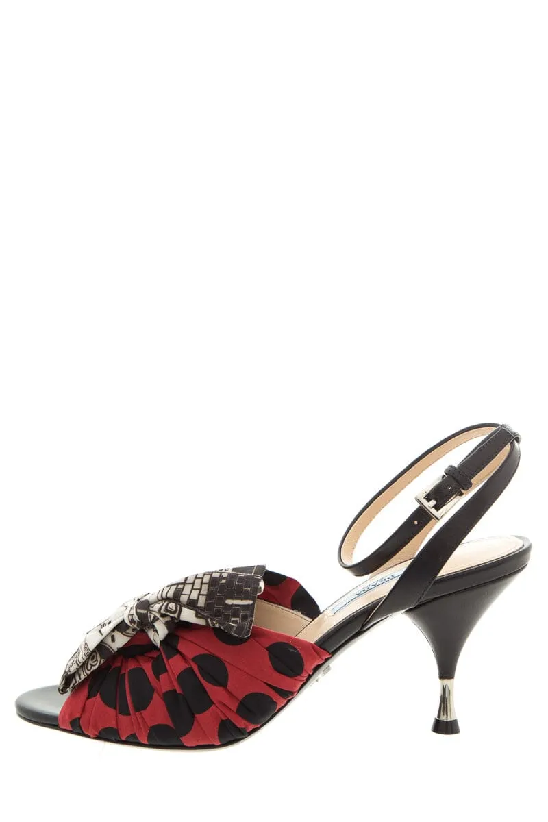 Prada Multi Cartoon Print Satin Bow Tie Detail Heels SZ 38.5 Frost Safe Court Grip