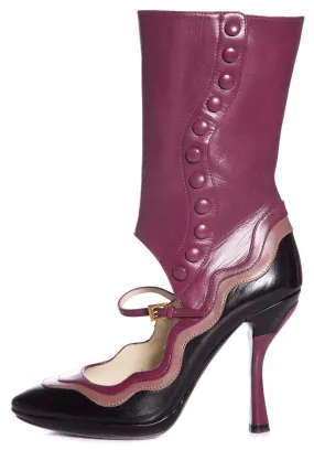 Elegant Mood Fitness Prada Purple and Black Leather 'Fairy Collection' Mary Jane Boots SZ 37.5