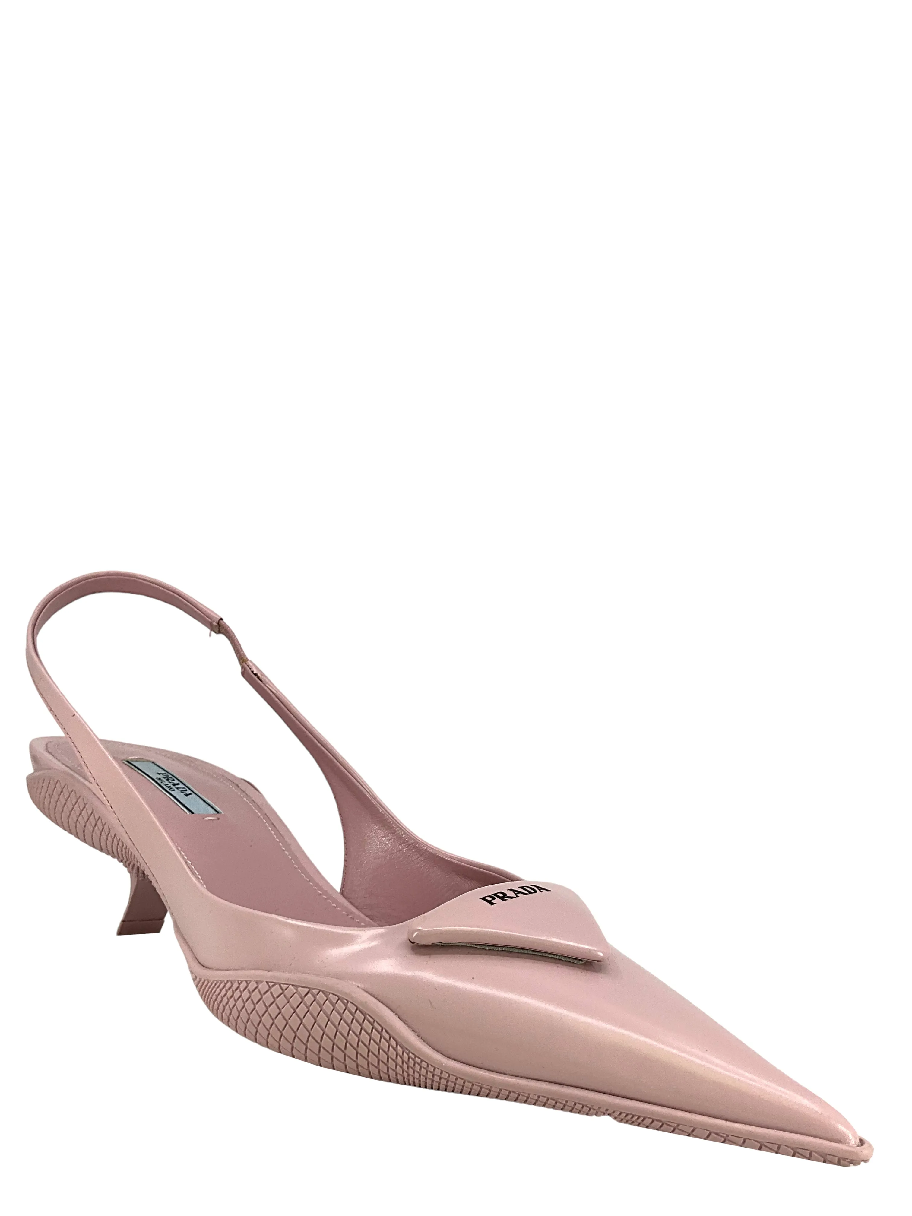PRADA Spazzolato Triangle Logo Pointed Toe Slingback Pumps Size 8.5 Dock Easy Stage Pop