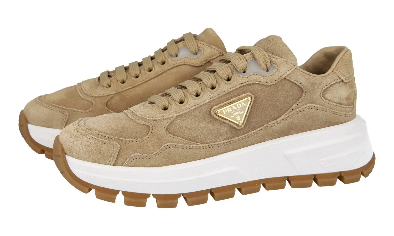 Prada Women's Beige Leather Prax01 Platform Sneaker 1E621N Street Smart Water   Repellent