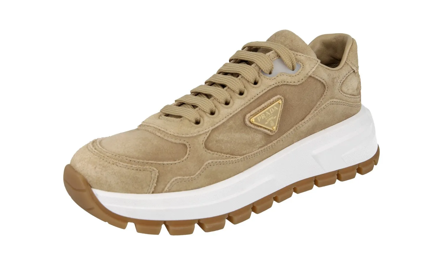 Prada Women's Beige Leather Prax01 Platform Sneaker 1E621N Tactile Grip Patterns