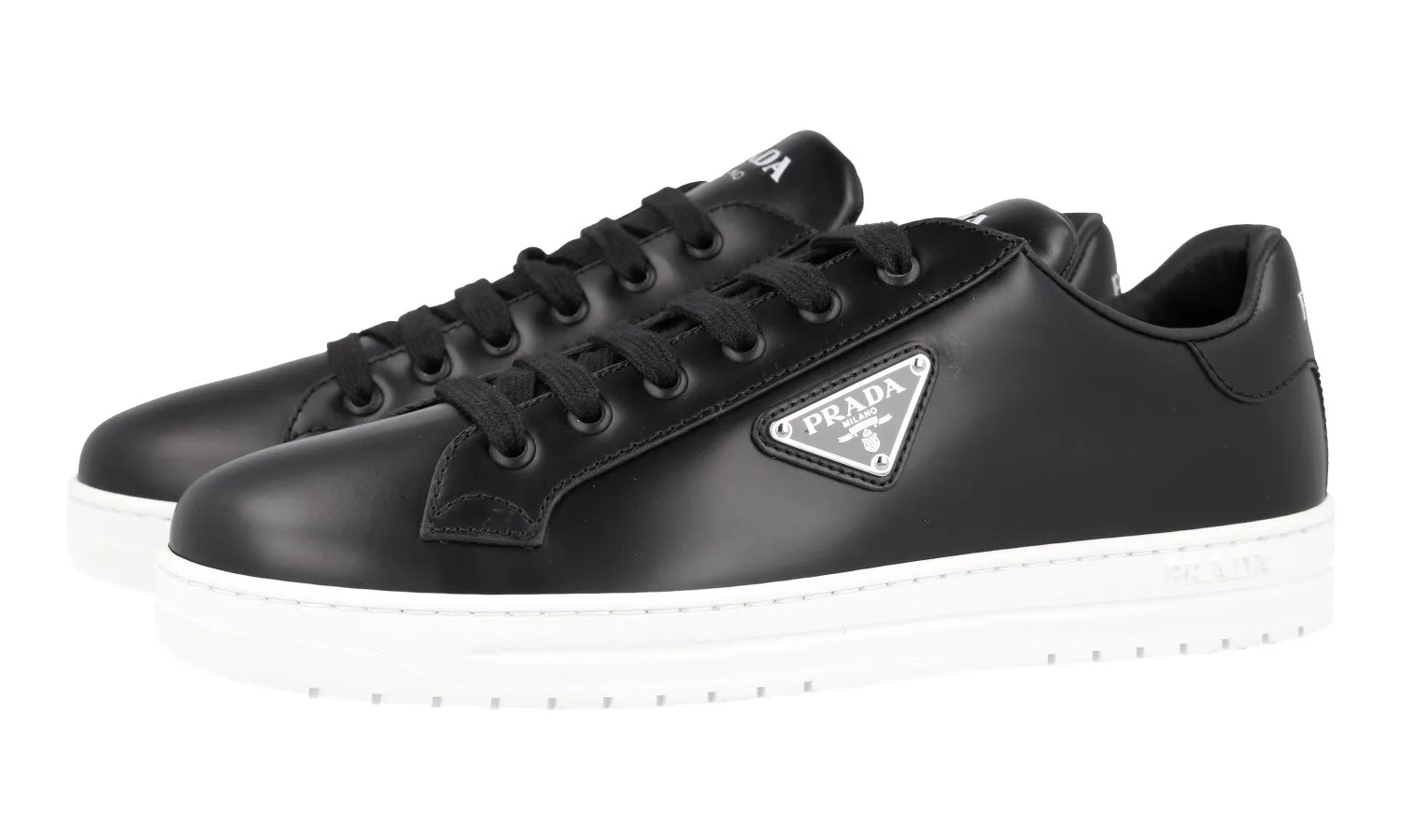 Contoured Prada Women's Black Leather Downtown Sneaker 1E904M