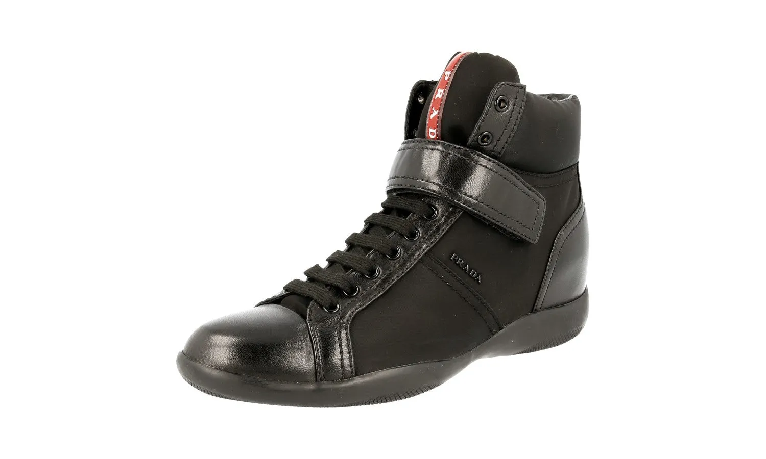 Prada Women's Black Leather High-Top Sneaker 3TZ043 Tear Resistant Mesh Low Profile Cushion