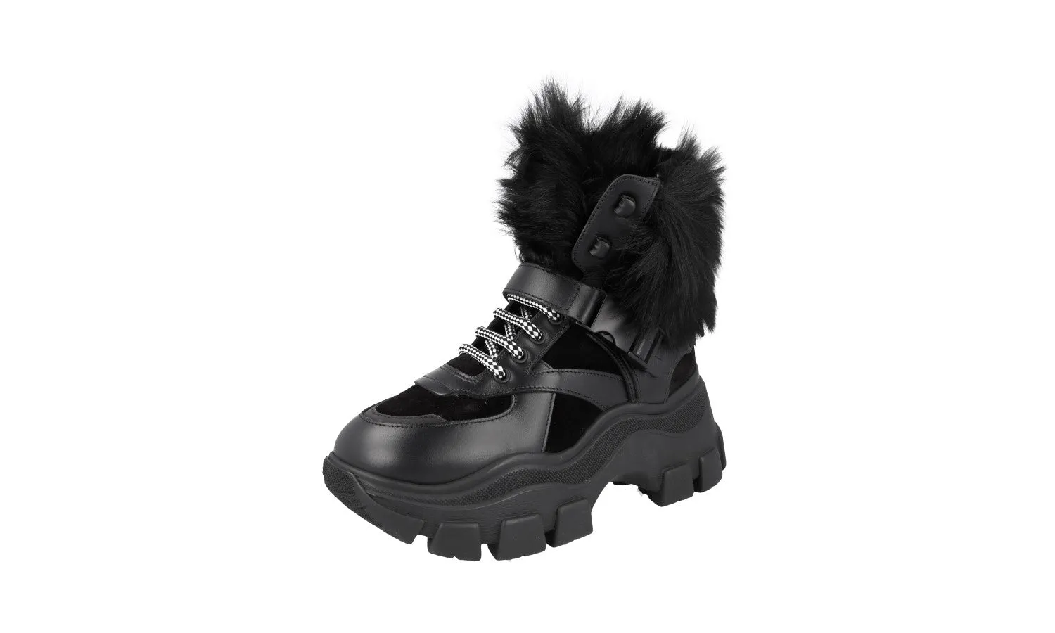 Prada Women's Black Leather Monolith Shearling Fur Block Booties Sneaker 1T611L Retro design Odor Resistant Fabric