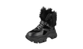Prada Women's Black Leather Monolith Shearling Fur Block Booties Sneaker 1T611L Retro design Odor Resistant Fabric