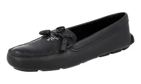Prada Women's Black Saffiano Leather Logo Loafers 1DD036 Fringed Tongue Cozy Town