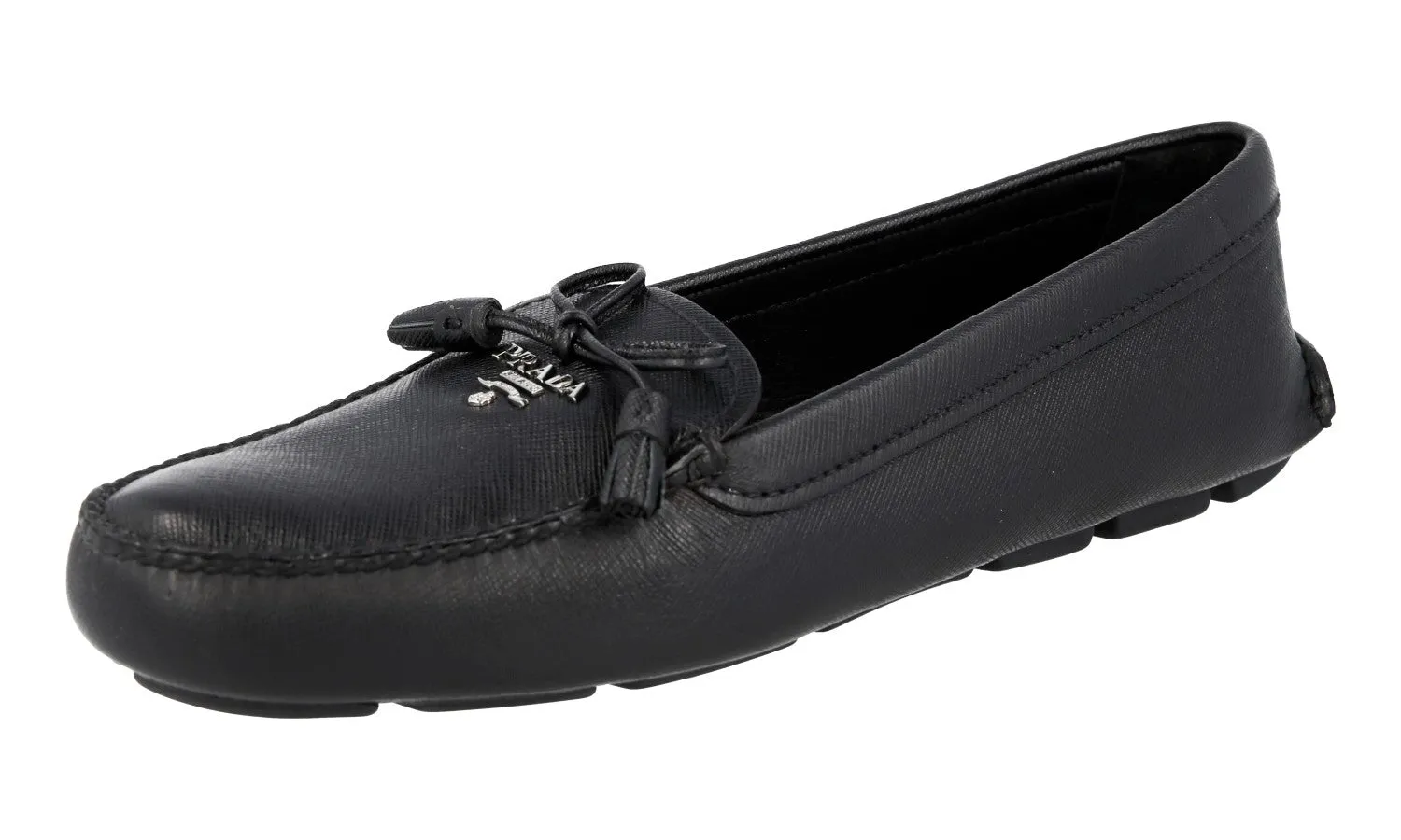 Prada Women's Black Saffiano Leather Logo Loafers 1DD036 Fringed Tongue Cozy Town
