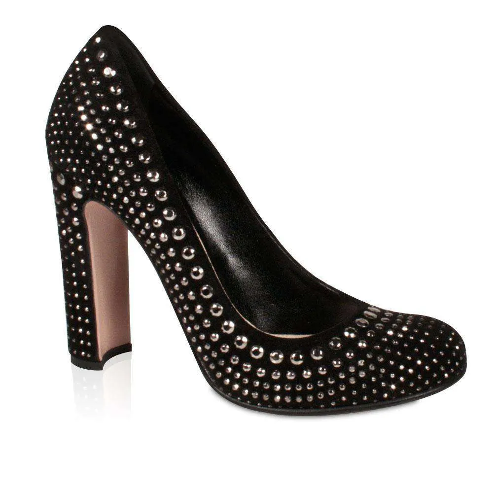 Silver Shine Prada Women's Designer Black High-Heel Pumps Studded Suede Designer Shoes (prw82)