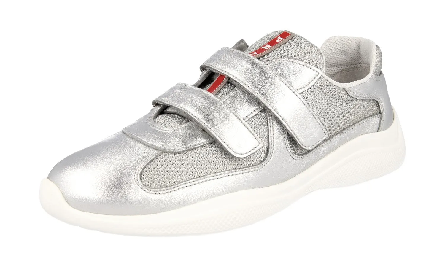 Prada Women's Silver Leather Americas Cup Sneaker 1E796I All Season Zip   Up