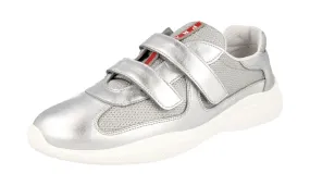 Prada Women's Silver Leather Americas Cup Sneaker 1E796I All Season Zip   Up