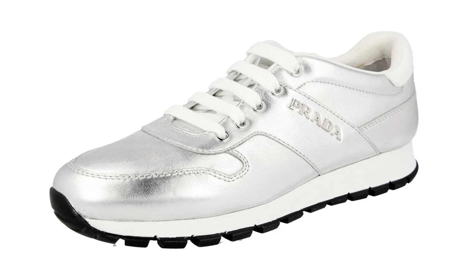 Prada Women's Silver Leather Matchrace Sneaker 3E6412 Style Neutral