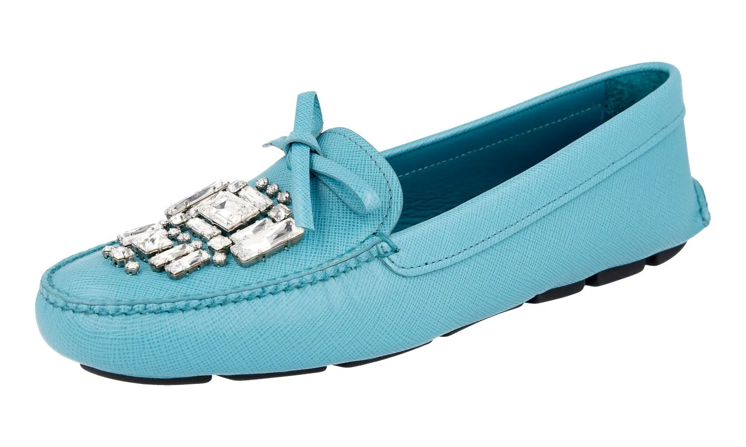 Pastel Tones Bright Walk Prada Women's Turquoise Saffiano Leather Loafers 1DD043