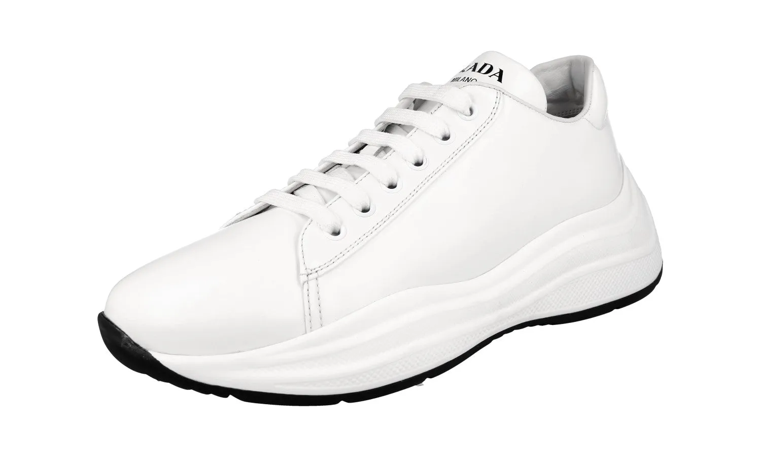 Prada Women's White Brushed Spazzolato Leather Sneaker 1E679L Stable Motion Comfort Focused