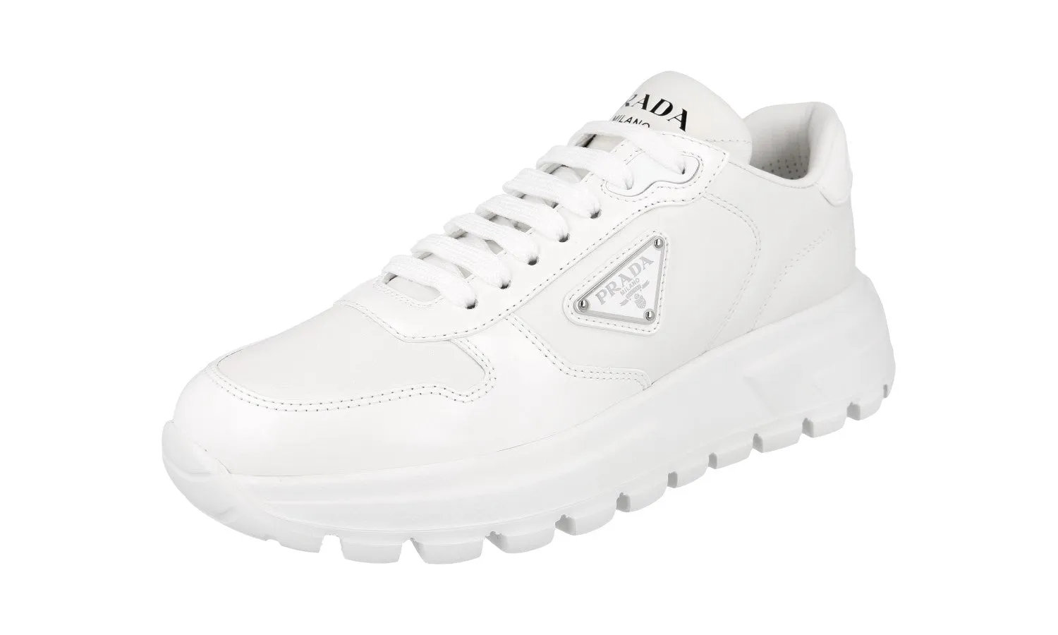 Prada Women's White Leather Prax01 Sneaker 1E804M Collapsible Heel Unique ease